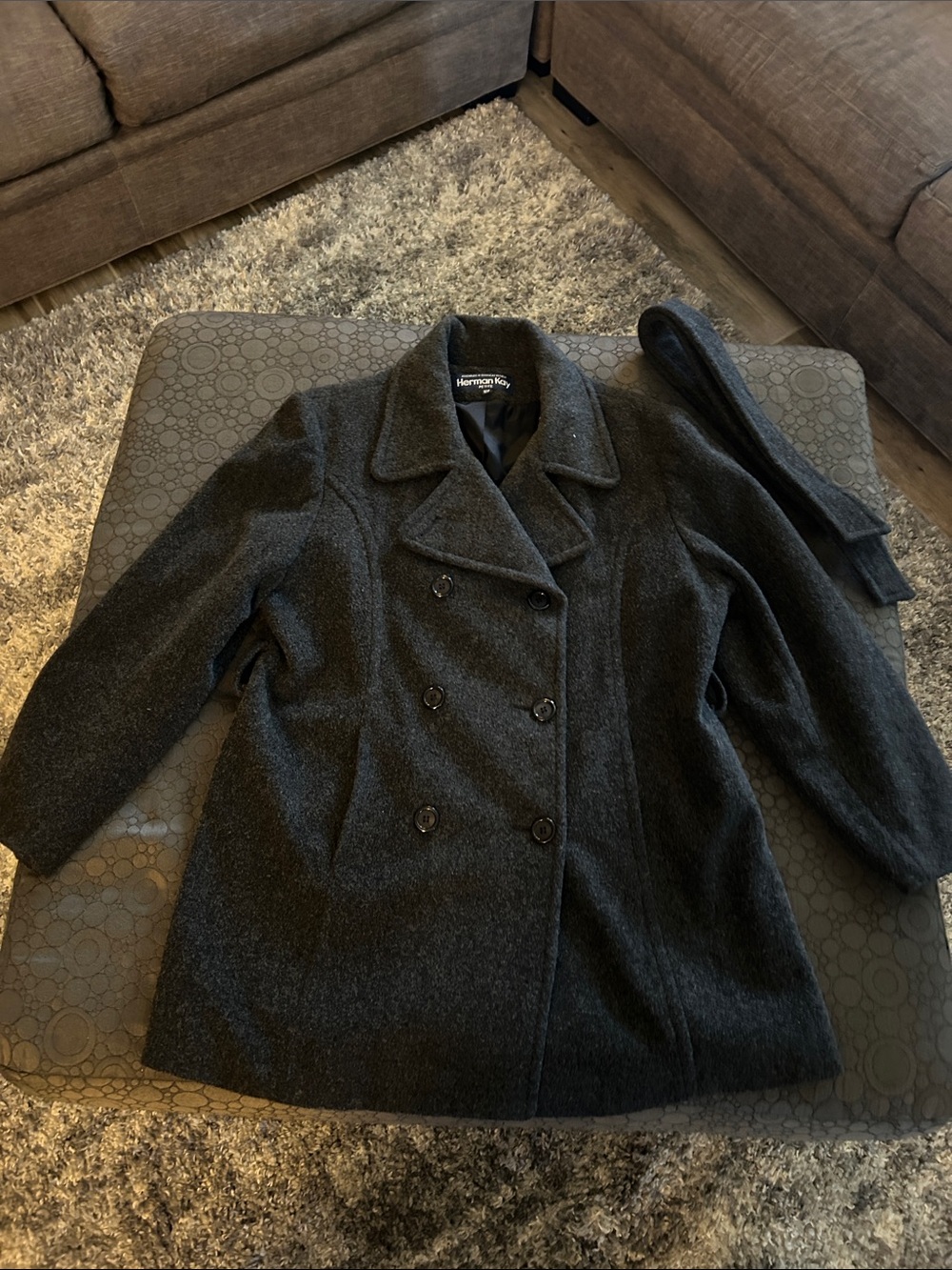 Women's Double-Breasted Wool Peacoat in Charcoal with Removable Belt 100% wool